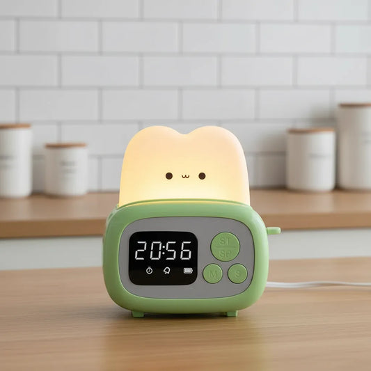 Timer de cozinha e luminária decorativa torradeira verde menta com display digital.