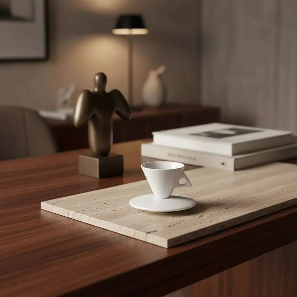 Jogo de xícara de café demitasse cônica escultural em Bone China com pires côncavo incluído, padrão Casa Vértice.
